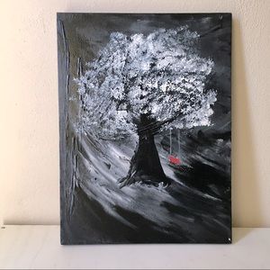 LP Original Black White Tree Red Swing Painting Acrylic on Stretched Canvas